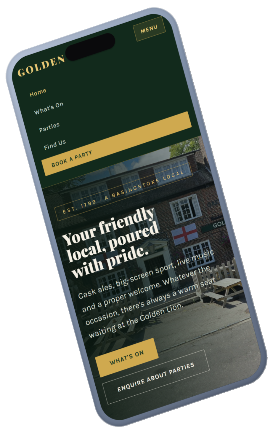 The Golden Lion drinks menu on mobile