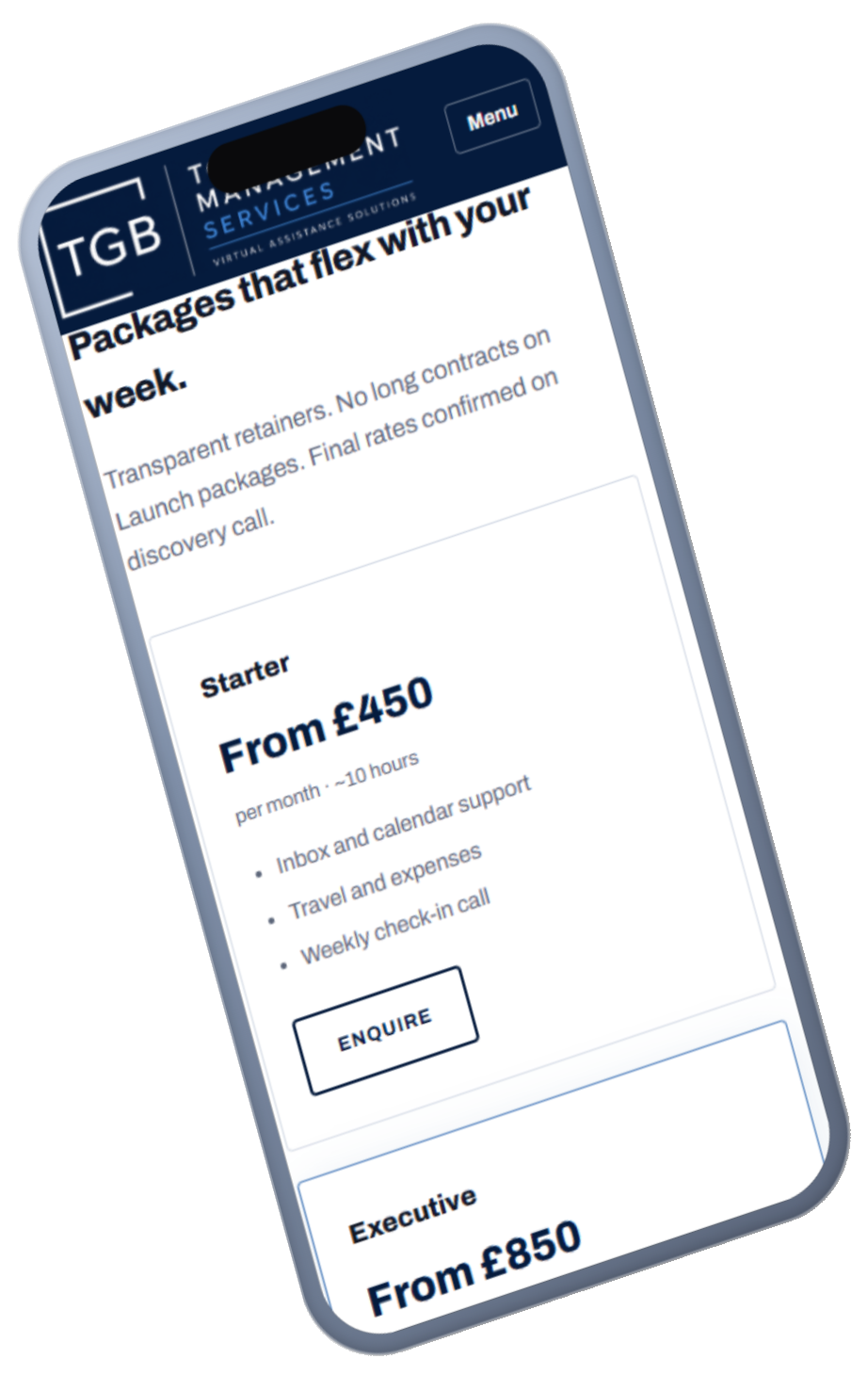 TGB Management Services about page on mobile